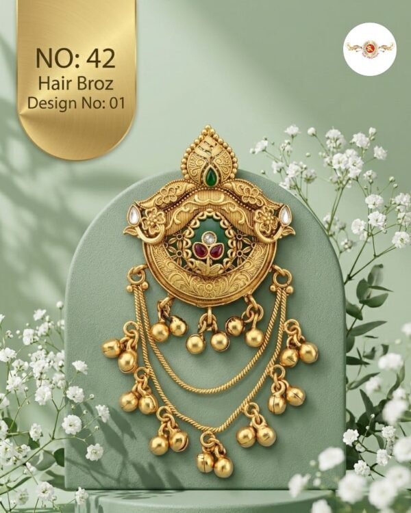 Antique gold tone hair brooch with decorative stones and dangling beads