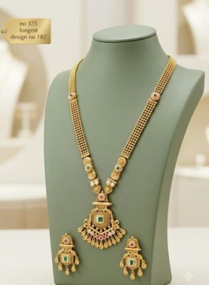 Antique Gold-Tone Long Necklace Set with Earrings