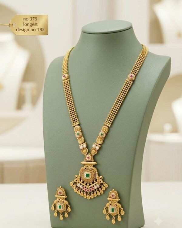 Antique Gold-Tone Long Necklace Set with Earrings