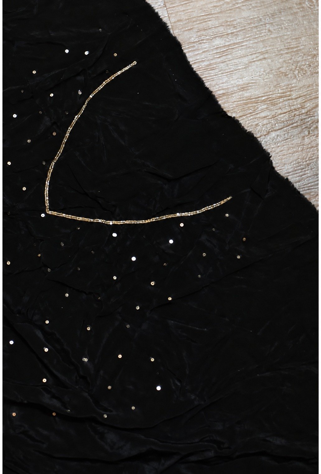 Pure Crepe Silk Saree with Cutdana Handwork 6 Black pure crepe silk saree with vertical cutdana handwork – sequins blouse piece detail
