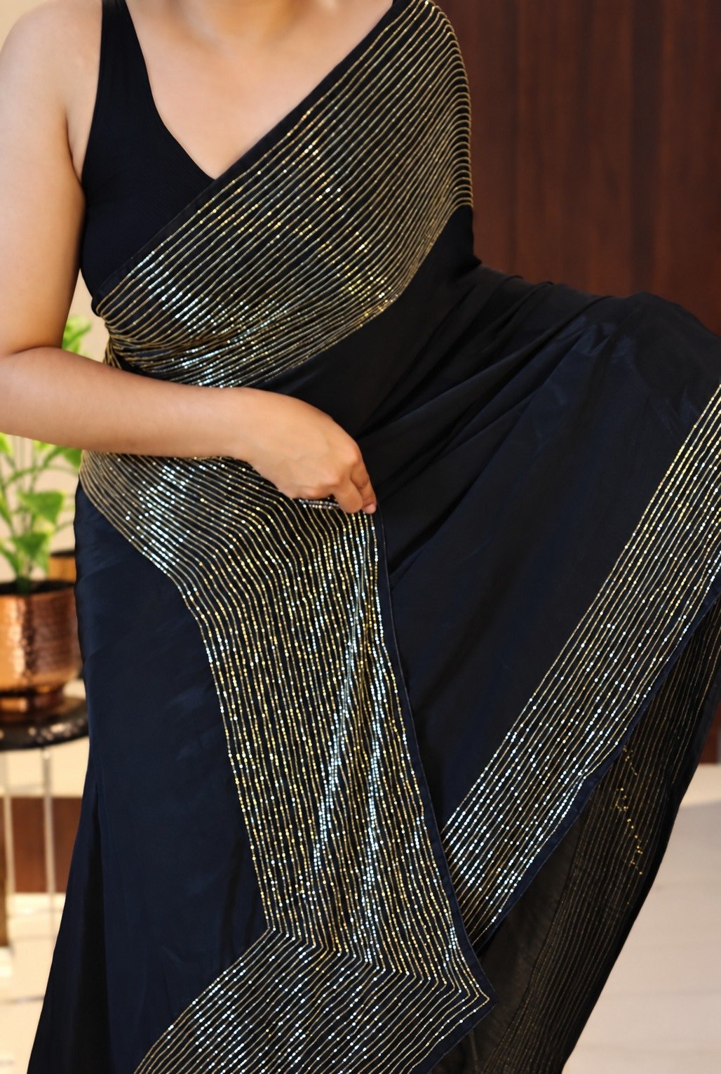 Pure Crepe Silk Saree with Cutdana Handwork 5 Black pure crepe silk saree with vertical cutdana handwork – sparkling pallu detail