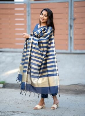 Dark Blue Banarasi Silk Suit Set with Beautiful Zari Stripes