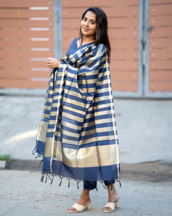 Dark Blue Banarasi Silk Suit Set with Beautiful Zari Stripes
