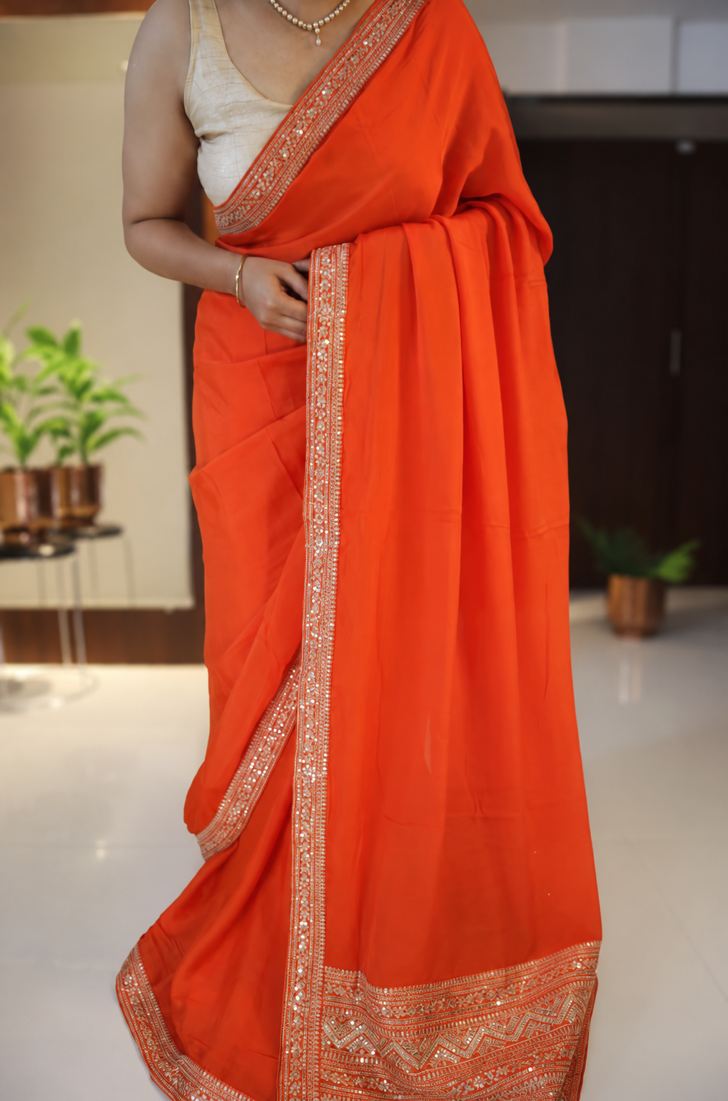 Orange Chiffon Silk Saree with Sequin Border 2 Orange Chiffon Silk Saree with Sequin Border - Image 2