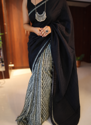 Black Handpainted Tussar Silk Saree