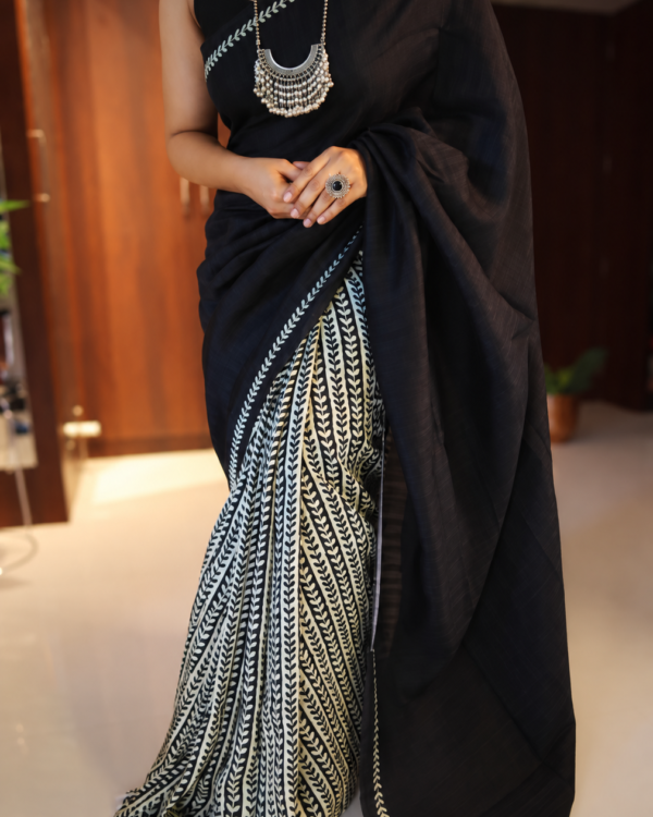 Black Handpainted Tussar Silk Saree