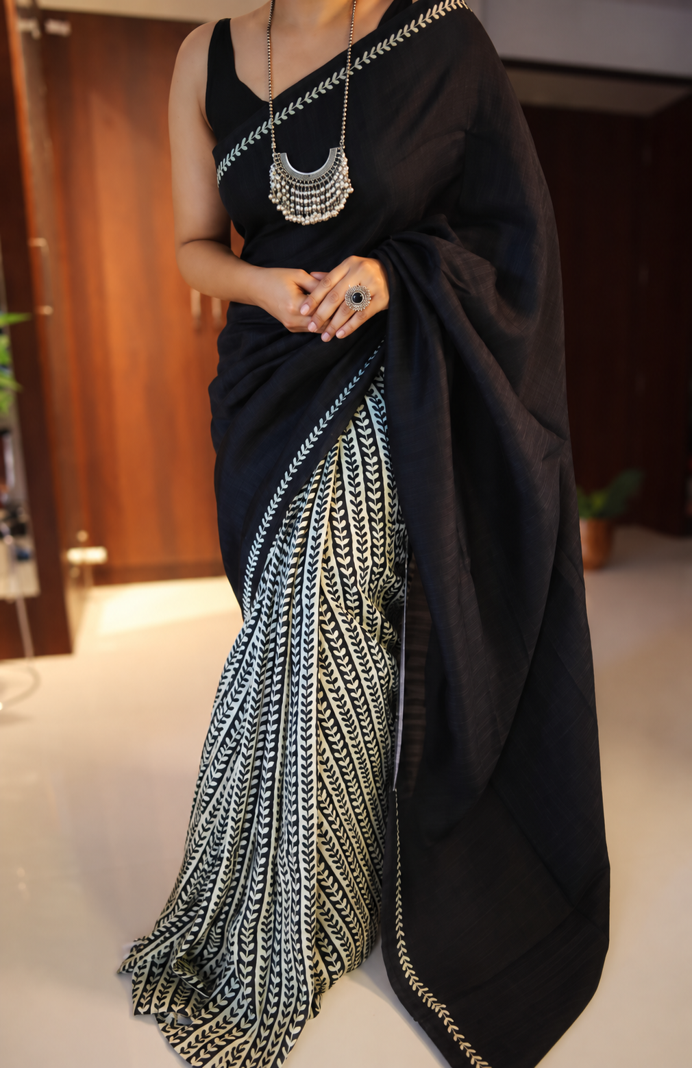 Black Handpainted Tussar Silk Saree 1 Black Handpainted Tussar Silk Saree