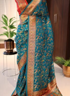 Kani weaving pure Munga silk saree in teal blue with contrast mango border – full drape
