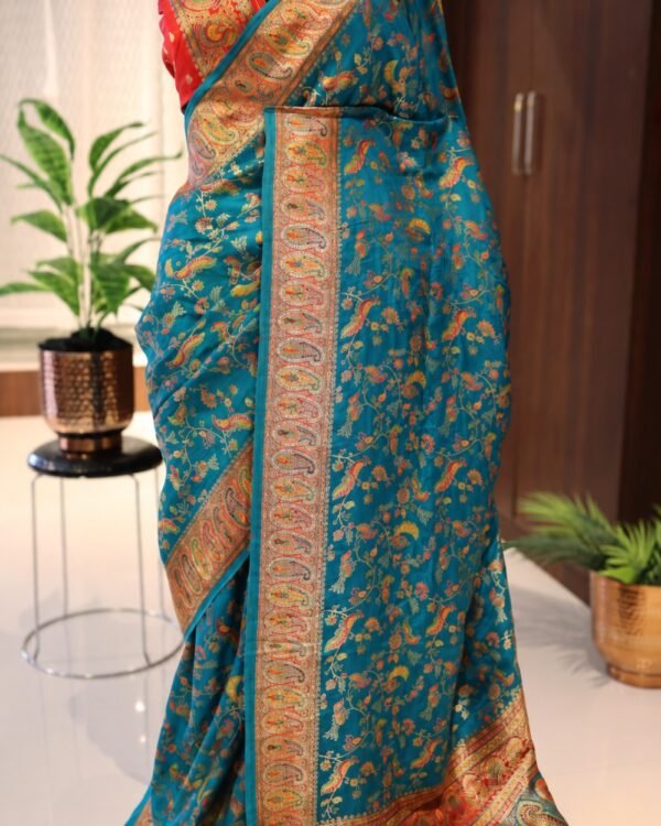 Kani weaving pure Munga silk saree in teal blue with contrast mango border – full drape