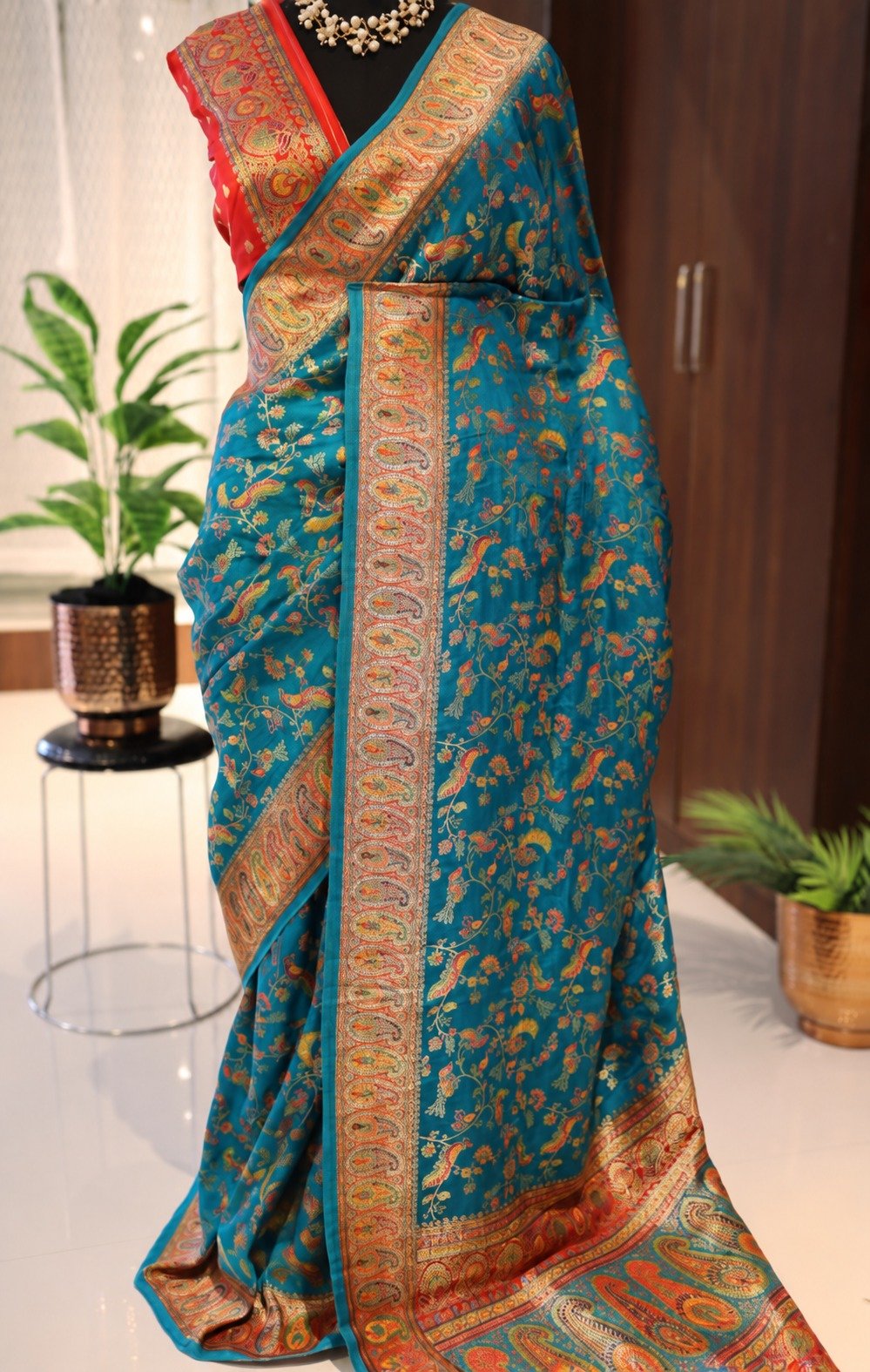 Kani Weaving Pure Munga Silk Saree with Contrast Mango Border 1 Kani weaving pure Munga silk saree in teal blue with contrast mango border – full drape