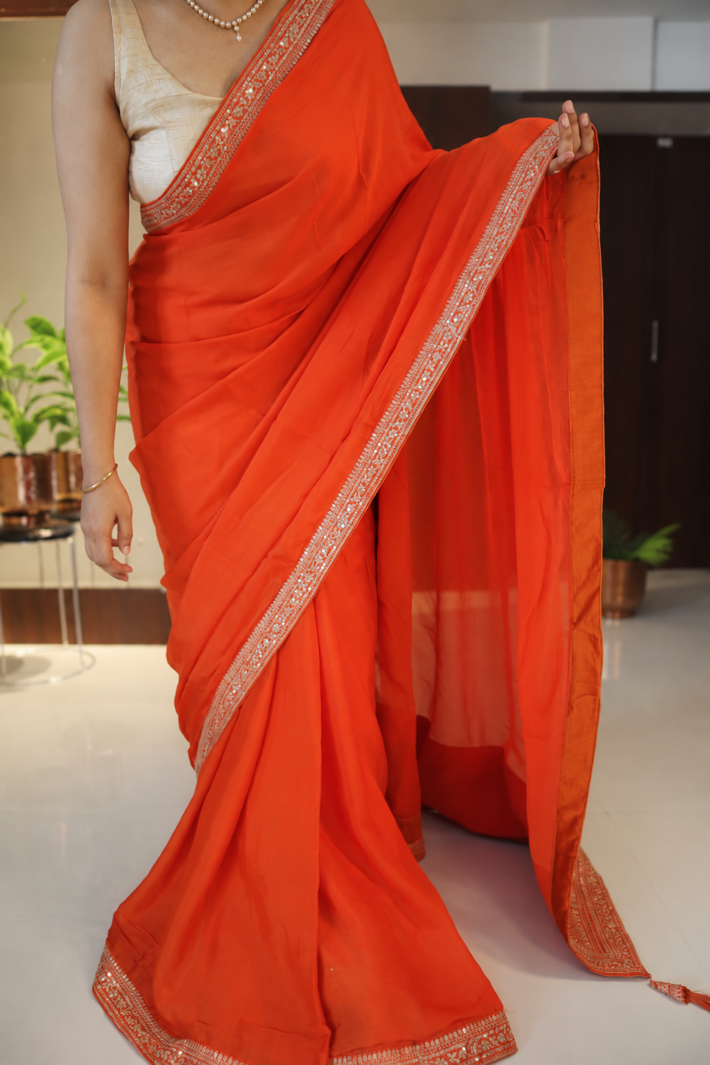 Orange Chiffon Silk Saree with Sequin Border 4 Orange Chiffon Silk Saree with Sequin Border - Image 4