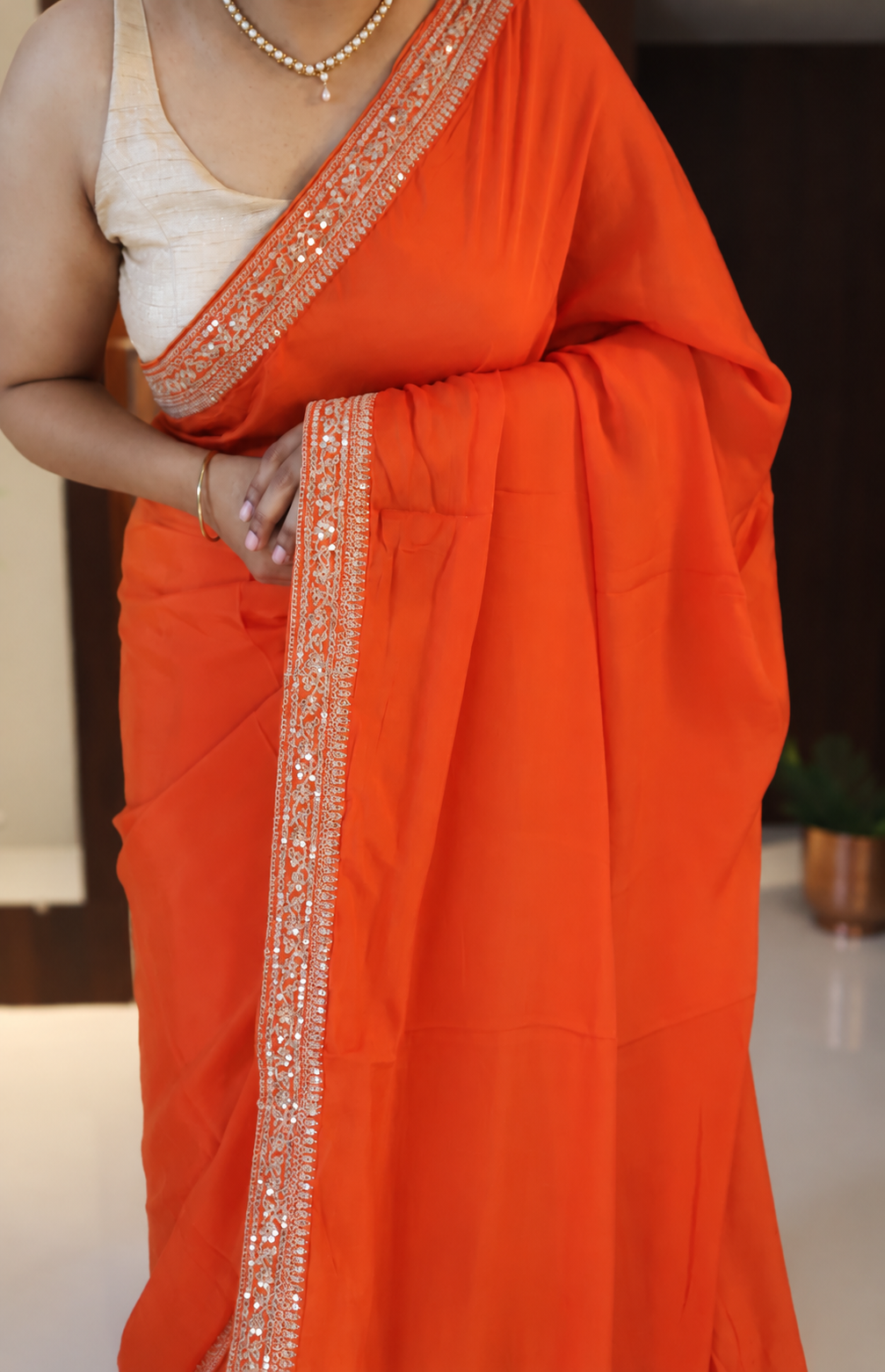 Orange Chiffon Silk Saree with Sequin Border 6 Orange Chiffon Silk Saree with Sequin Border - Image 6