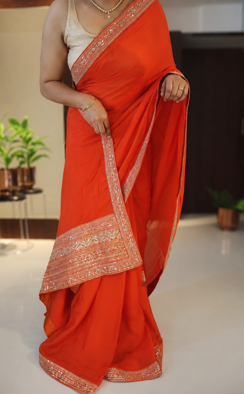 Orange Chiffon Silk Saree with Sequin Border 3 Orange Chiffon Silk Saree with Sequin Border - Image 3