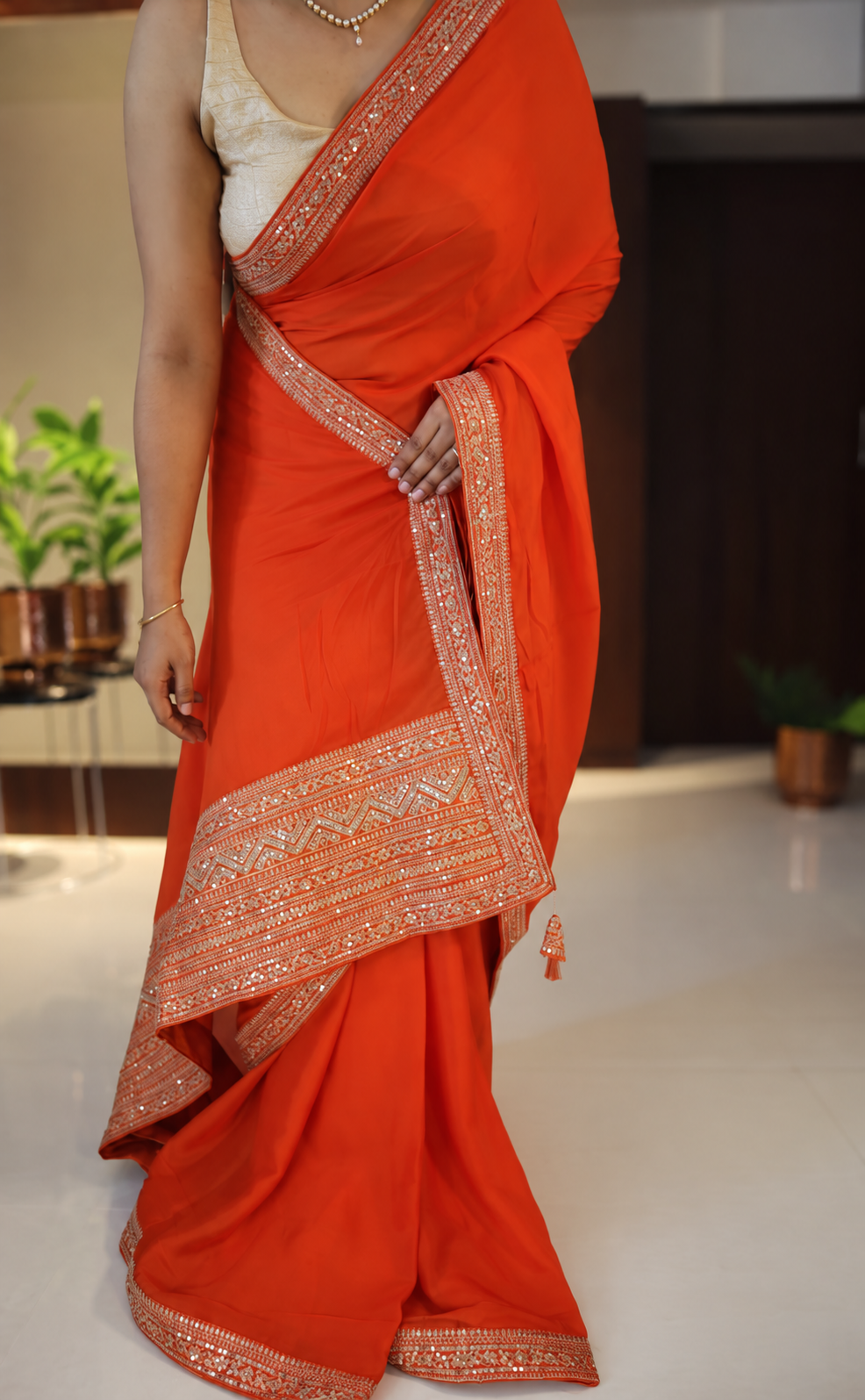 Orange Chiffon Silk Saree with Sequin Border 1 Orange Chiffon Silk Saree with Sequin Border