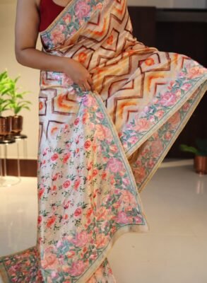 Parsi inspired Tussar silk saree with pearl finish - front drape and floral border