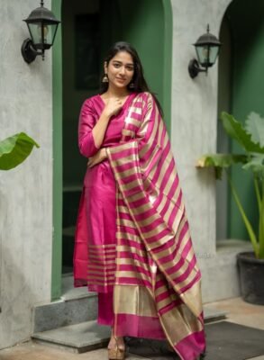 Raani Pink Banarasi Silk Suit Set with Beautiful Zari Stripes