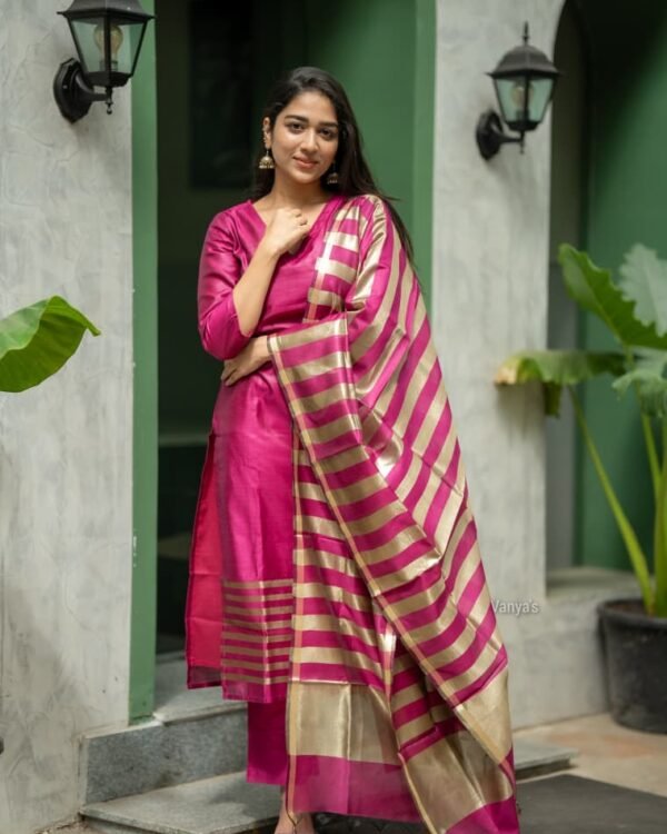 Raani Pink Banarasi Silk Suit Set with Beautiful Zari Stripes
