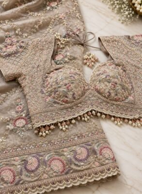 Taupe Beige Floral Embroidered Saree with Scalloped Border