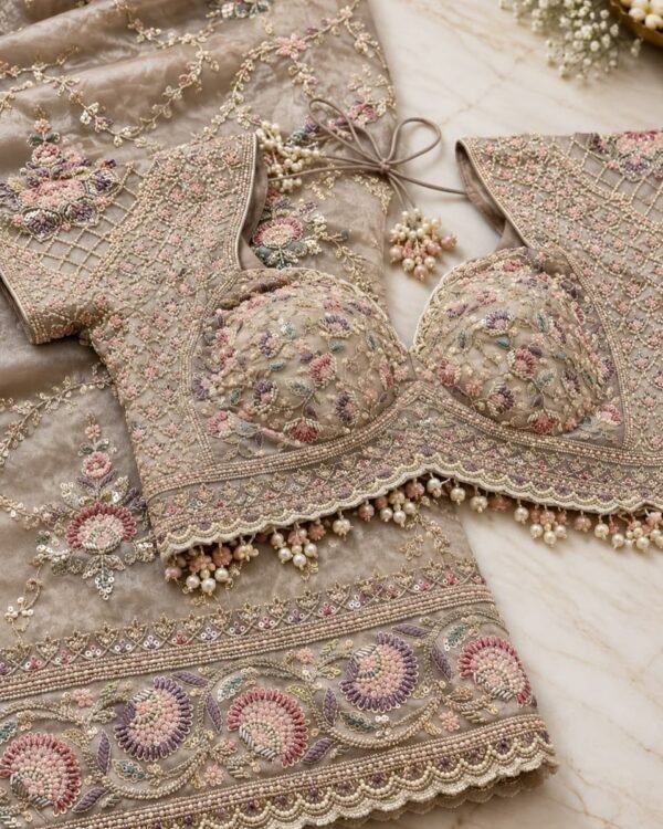 Taupe Beige Floral Embroidered Saree with Scalloped Border