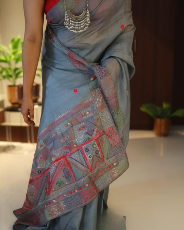 Tussar silk saree with Kantha and mirror handwork, modelled front view