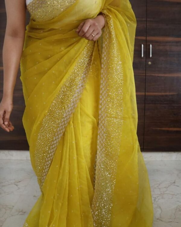Yellow pure organza silk saree with sequins and cutdana handwork, front view