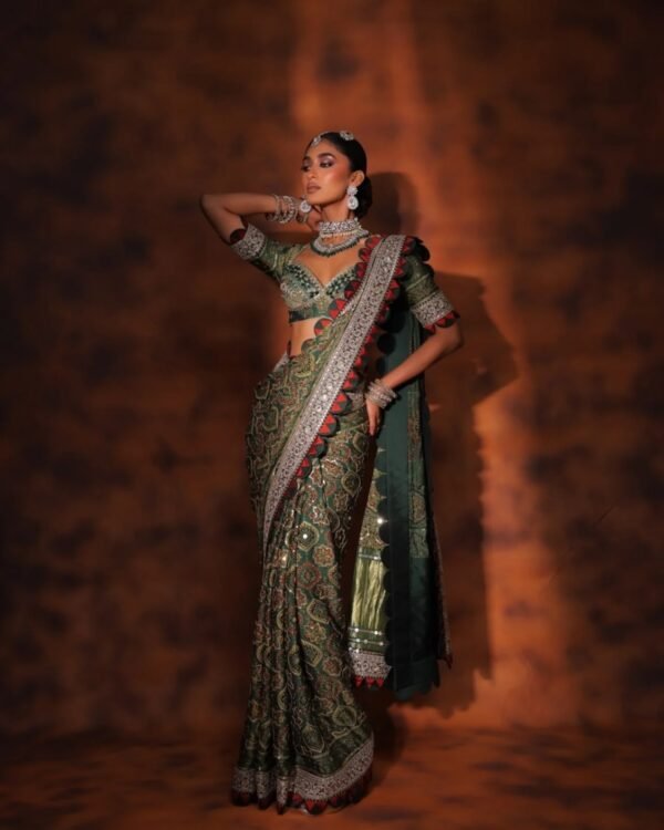 Bottle green Ajrakh-inspired designer saree – full-length front view