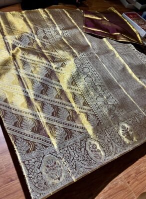 Gold Kanchipattu Tissue Meena Saree 2 Gold Kanchipattu Tissue Meena Saree edge-to-edge patterns and ornate border