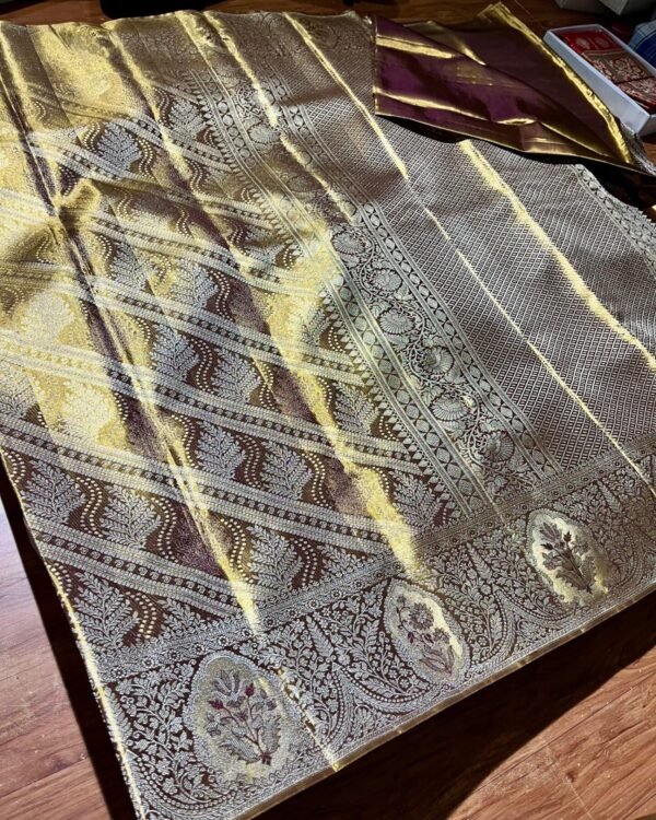 Gold Kanchipattu Tissue Meena Saree edge-to-edge patterns and ornate border