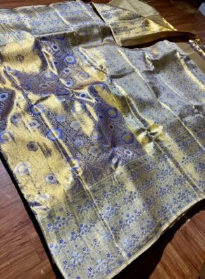 Pure Kanchipattu Tissue Meenakari Saree 4 Pure Kanchipattu Tissue Meenakari Saree gold and blue floral patterns