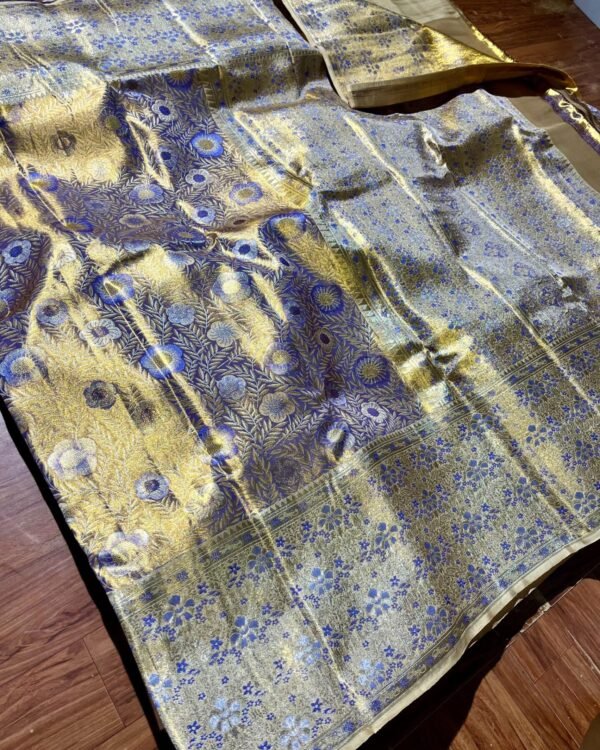 Pure Kanchipattu Tissue Meenakari Saree gold and blue floral patterns
