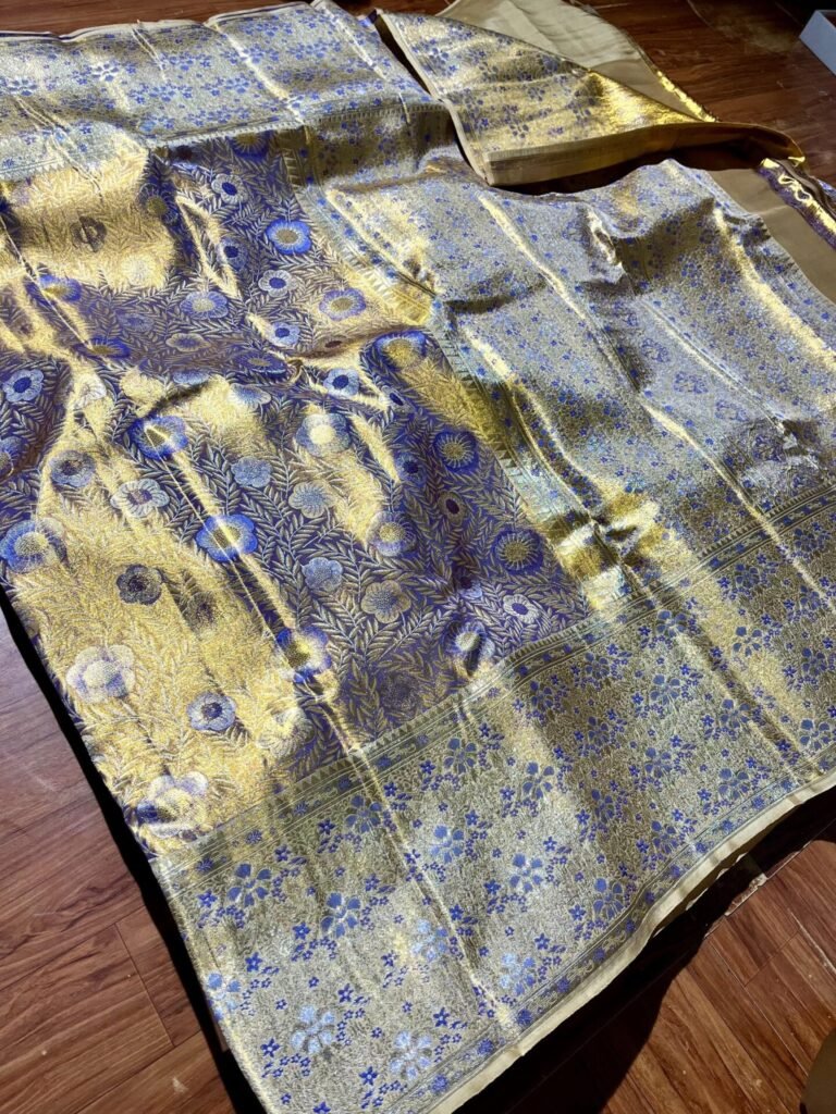 Pure Kanchipattu Tissue Meenakari Saree 17 Pure Kanchipattu Tissue Meenakari Saree gold and blue floral patterns