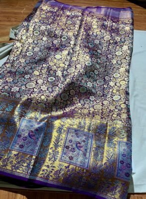 Purple Kanchipuram Resham Silk Saree 3 Purple Kanchipuram Resham Silk Saree floral body and bird border