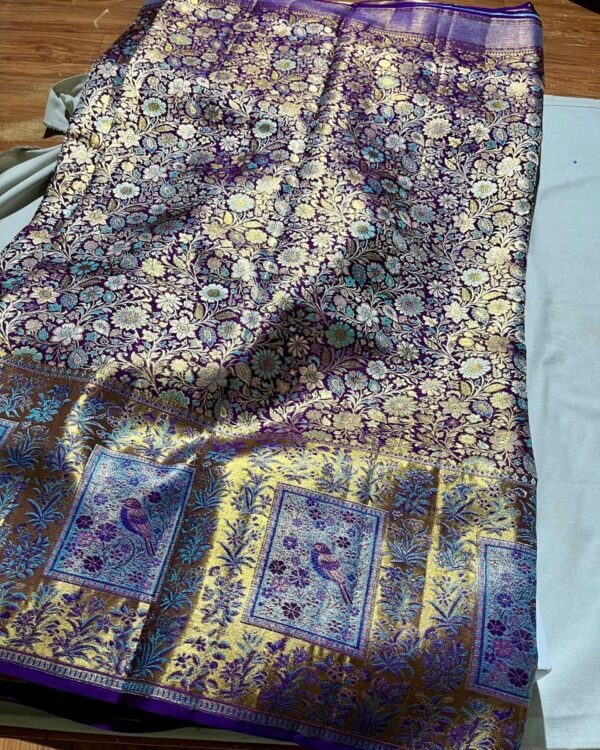 Purple Kanchipuram Resham Silk Saree floral body and bird border