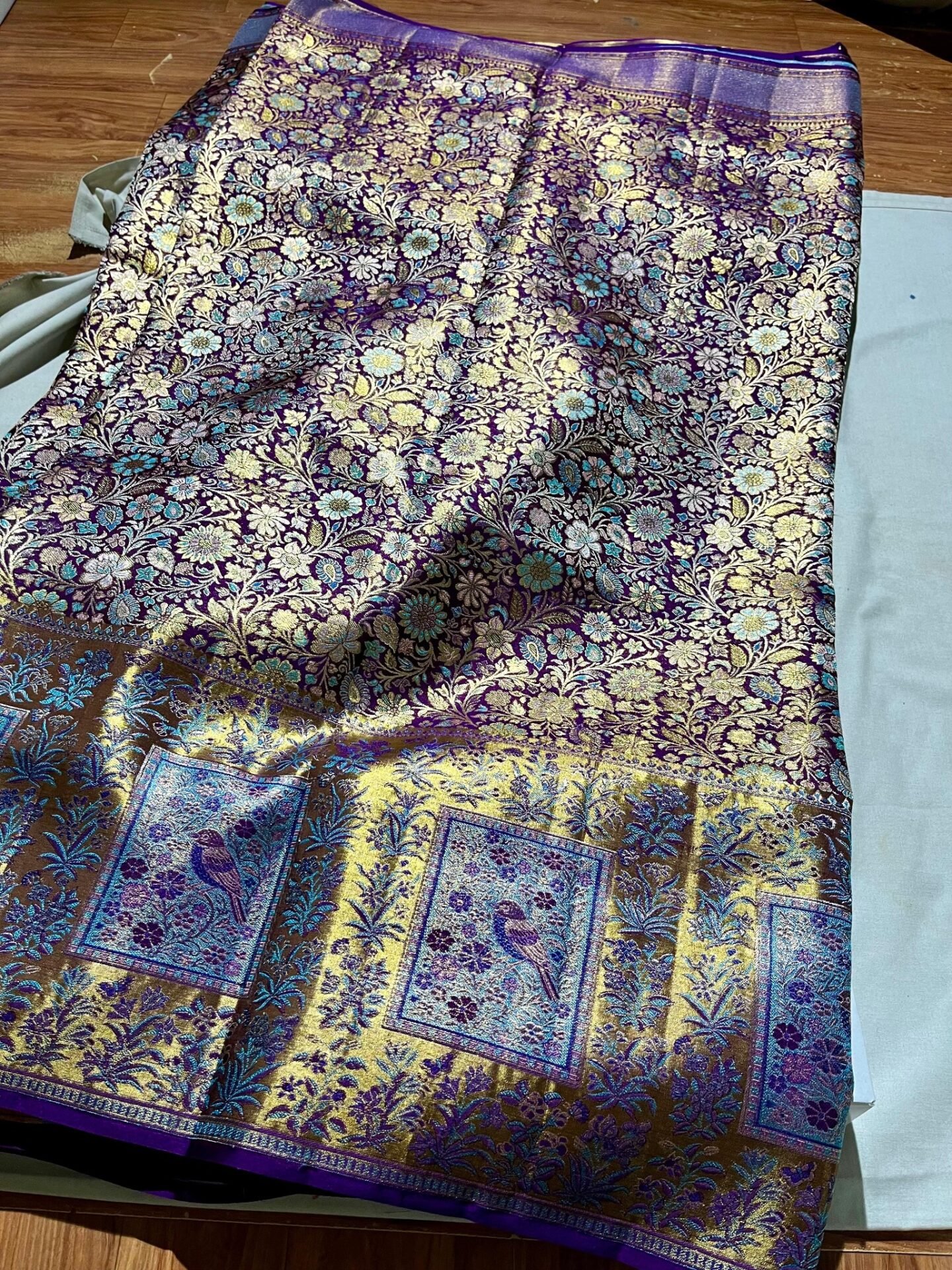 Purple Kanchipuram Resham Silk Saree 1 Purple Kanchipuram Resham Silk Saree floral body and bird border