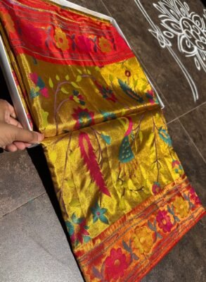 Pure Silk Paithani Saree – All Over Meenakari Brocade 4 Pure Silk Paithani Saree in golden yellow with multicolour Meenakari weaving and red border