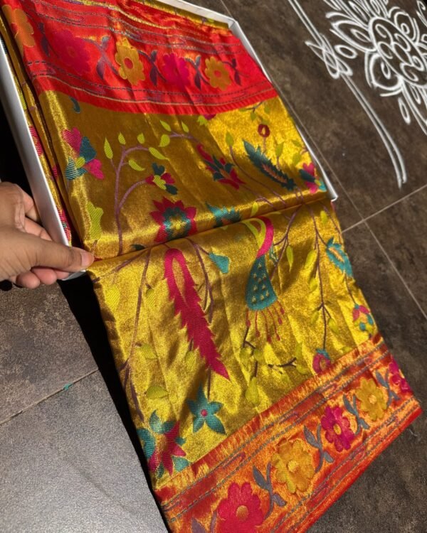 Pure Silk Paithani Saree in golden yellow with multicolour Meenakari weaving and red border