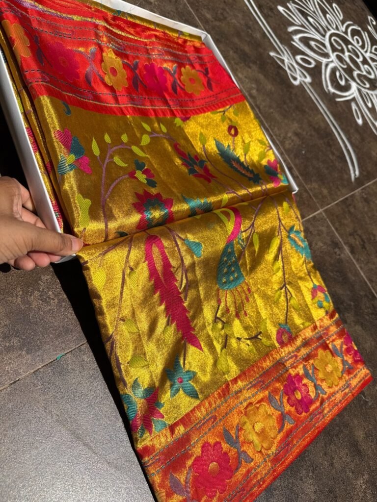 Pure Silk Paithani Saree – All Over Meenakari Brocade 16 Pure Silk Paithani Saree in golden yellow with multicolour Meenakari weaving and red border