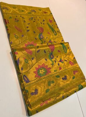 Golden Yellow Pure Silk Paithani Saree – Meenakari Brocade 3 Golden Yellow Pure Silk Paithani Saree with multicolour Meenakari brocade and coordinated golden border