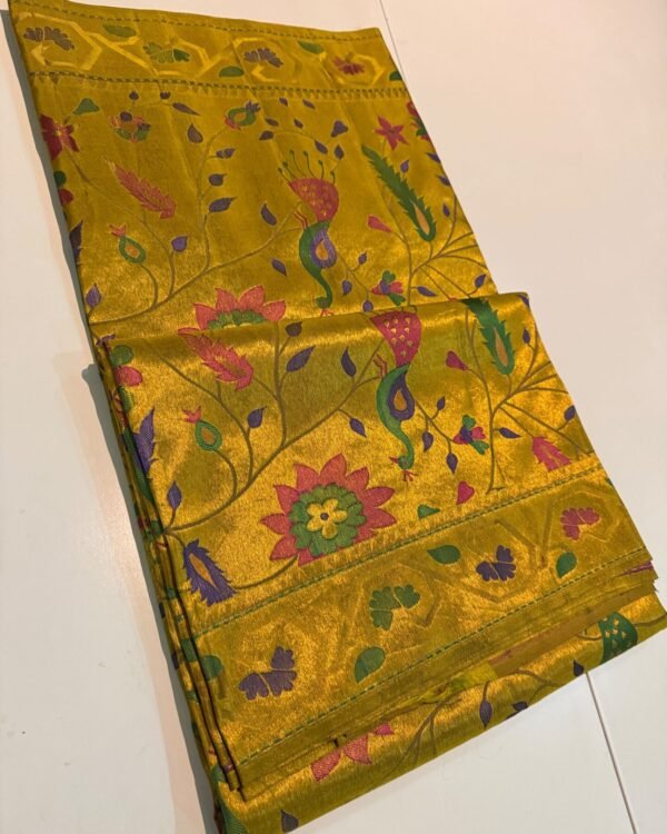 Golden Yellow Pure Silk Paithani Saree with multicolour Meenakari brocade and coordinated golden border