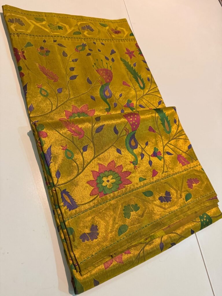 Golden Yellow Pure Silk Paithani Saree – Meenakari Brocade 15 Golden Yellow Pure Silk Paithani Saree with multicolour Meenakari brocade and coordinated golden border