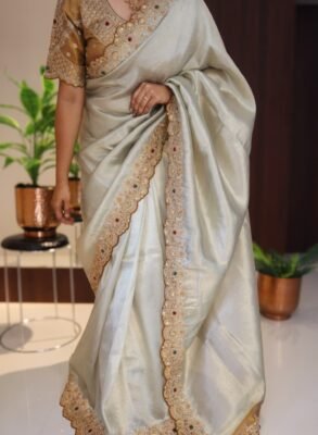 Banarasi Tissue Silk Saree with Embroidered Border and Stitched Blouse 2 Banarasi Tissue Silk Saree with golden heavy-work stitched blouse – full drape
