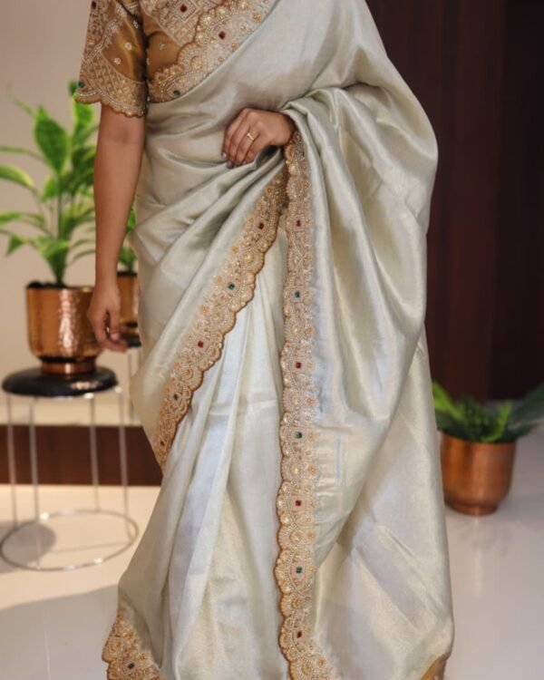 Banarasi Tissue Silk Saree with golden heavy-work stitched blouse – full drape