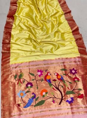 Single Munia Pure Silk Paithani Saree with Parrot Pallu 1 Single Munia Pure Silk Paithani Saree in lemon yellow with copper-red brocade border and parrot pallu