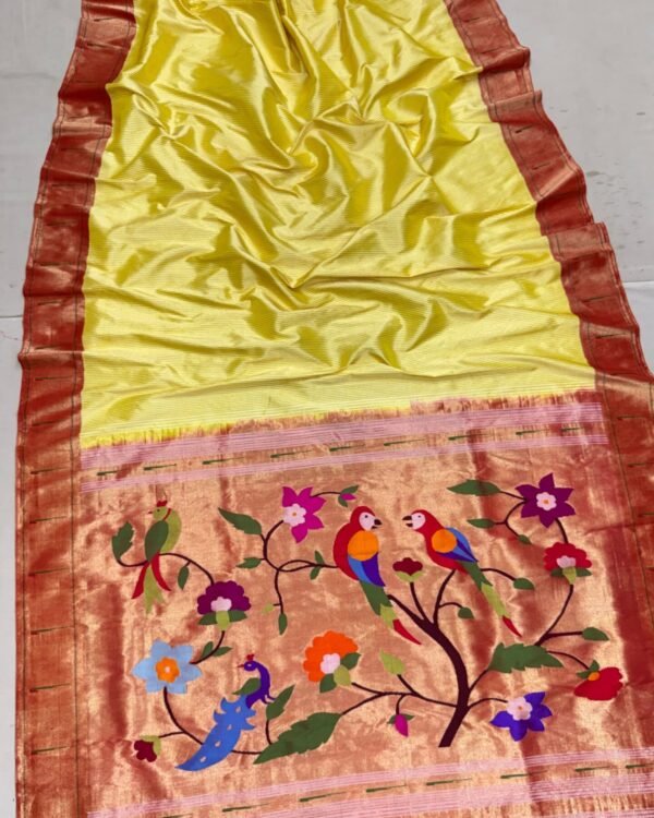 Single Munia Pure Silk Paithani Saree in lemon yellow with copper-red brocade border and parrot pallu