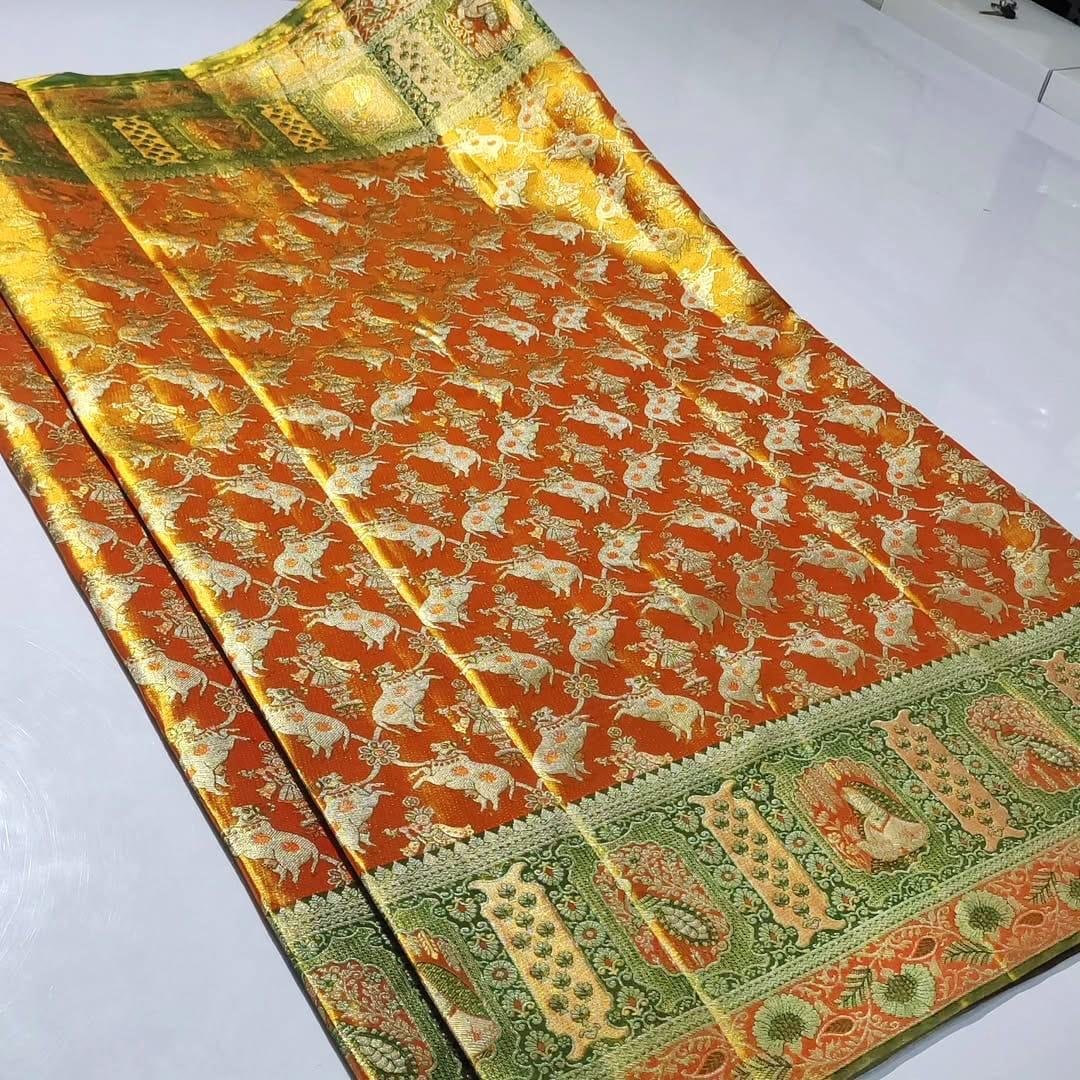 Pure Kanchipattu Tissue Meenakari Brocade Saree – Orange and Green 3 Pure Kanchipattu tissue orange and green saree brocade body and figurative border detail