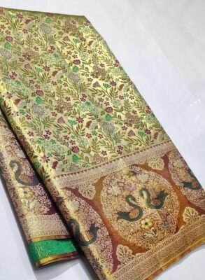 Pure Kanchipattu tissue gold saree with maroon green floral meenakari and swan border