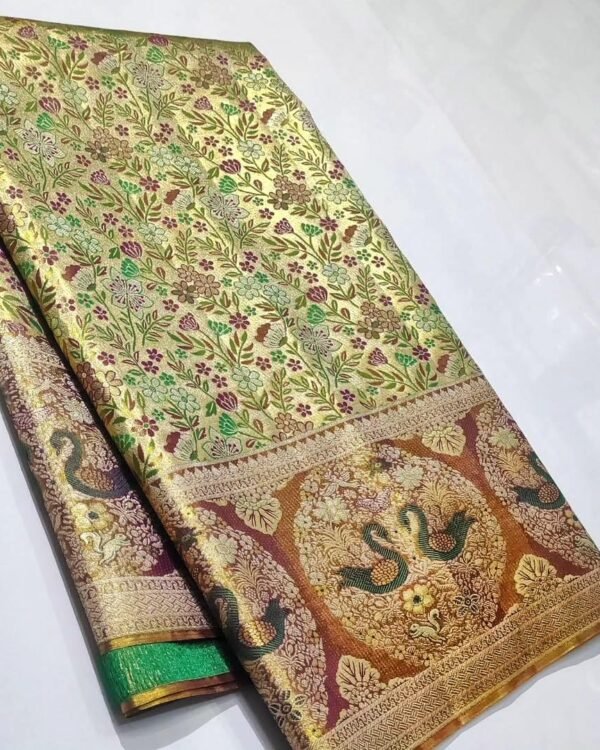 Pure Kanchipattu tissue gold saree with maroon green floral meenakari and swan border