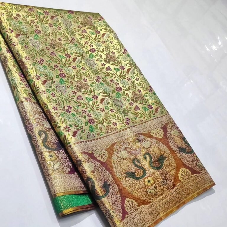Pure Kanchipattu tissue gold saree with maroon green floral meenakari and swan border