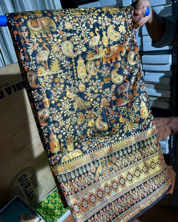 Pure Kanchipuram double warp navy blue silk saree with gold and multicolour meenakari motifs