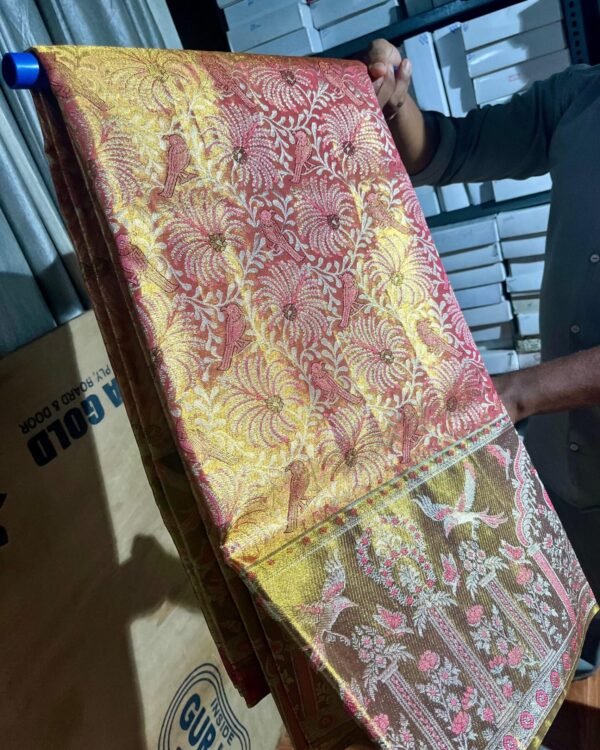 Pure Kanchipuram tissue saree in rose pink and gold with meenakari brocade bird and floral motifs